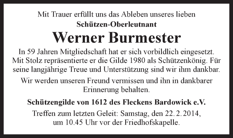  Traueranzeige für Werner Burmester vom 18.02.2014 aus Landeszeitung Lüneburg